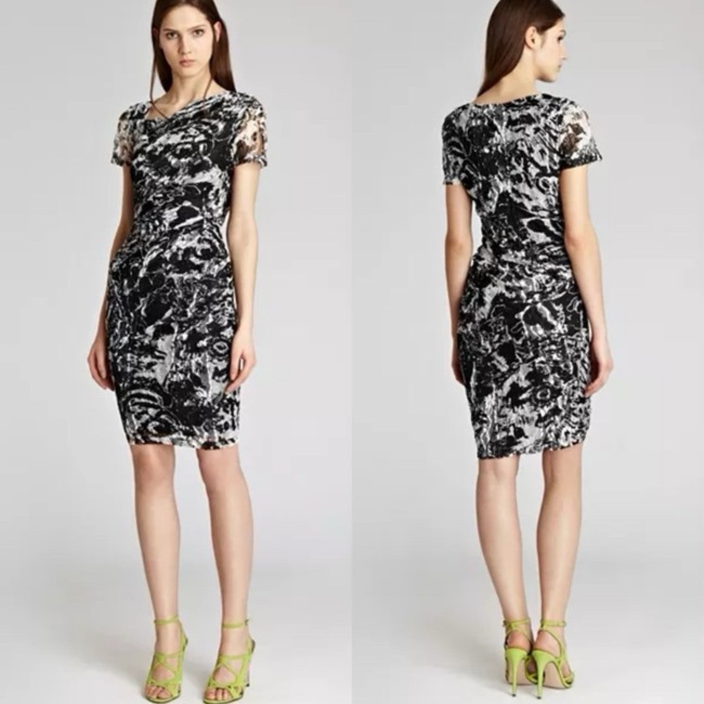 REISS BODYCON ROMISA PRINTED LACE DRESS 
ASSYM NECK, DRAPED WAIST
